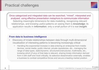 Practical challenges 
Once categorized and integrated data can be searched, “mined”, interpreted and 
analysed, using effective presentation metaphors to communicate information 
Selecting meaningful dimensions for data modelling, recognizing relevant 
relationships, and knowing useful patterns on seeing them is knowledge; its 
application results in information, only a small portion of it is real insight. 
From data to business intelligence 
• Discovery of innate relationships between data through multi-dimensional 
visualization of interesting patterns is becoming increasingly critical 
− Handling the exponential increase in data entering an enterprise from mobile 
devices, social media, public internet, private repositories, etc., managing the 
range of data types, static/dynamic, structured/unstructured, multimedia, etc., 
knowing which (if any) of that data is relevant, sharing timely information derived 
from it with staff and most critically, its selective dissemination externally, enables 
a business to combat competitive forces and secure a leading market position 
9 STRICTLY CONFIDENTIAL © Copyright 2014 Progressive Intelligence 
 