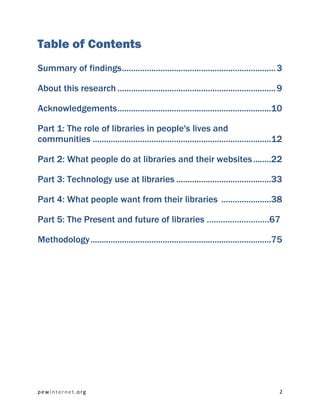 Table of Contents
Summary of findings .................................................................... 3

About this research ...................................................................... 9

Acknowledgements ....................................................................10

Part 1: The role of libraries in people's lives and
communities ...............................................................................12

Part 2: What people do at libraries and their websites ........22

Part 3: Technology use at libraries ..........................................33

Part 4: What people want from their libraries ......................38

Part 5: The Present and future of libraries ………………………67

Methodology ................................................................................75




pewinternet.org                                                                             2
 
