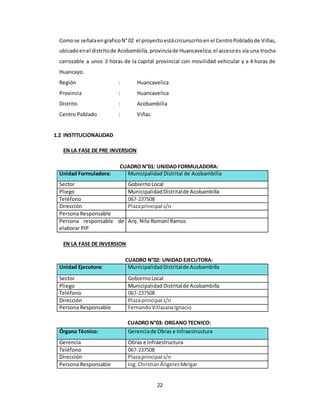 22
Comose señalaengraficoN°02 el proyectoestácircunscritoen el CentroPobladode Viñas,
ubicadoenel distritode Acobambilla,provinciade Huancavelica;el accesoes vía una trocha
carrozable a unos 3 horas de la capital provincial con movilidad vehicular y a 4 horas de
Huancayo.
Región : Huancavelica
Provincia : Huancavelica
Distrito : Acobambilla
Centro Poblado : Viñas
1.2 INSTITUCIONALIDAD
EN LA FASE DE PRE INVERSION
CUADRO N°01: UNIDAD FORMULADORA:
Unidad Formuladora: Municipalidad Distrital de Acobambilla
Sector GobiernoLocal
Pliego MunicipalidadDistritalde Acobambilla
Teléfono 067-237508
Dirección Plazaprincipal s/n
Persona Responsable
Persona responsable de
elaborar PIP
Arq. Nilo Romaní Ramos
EN LA FASE DE INVERSION
CUADRO N°02: UNIDAD EJECUTORA:
Unidad Ejecutora: MunicipalidadDistritalde Acobambilla
Sector GobiernoLocal
Pliego MunicipalidadDistritalde Acobambilla
Teléfono 067-237508
Dirección Plazaprincipal s/n
Persona Responsable FernandoVillazanaIgnacio
CUADRO N°03: ORGANO TECNICO:
Órgano Técnico: Gerenciade Obras e Infraestructura
Gerencia Obras e Infraestructura
Teléfono 067-237508
Dirección Plazaprincipal s/n
Persona Responsable Ing.ChristianÁngelesMelgar
 