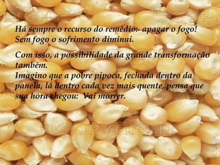 Há sempre o recurso do remédio: apagar o fogo!
Sem fogo o sofrimento diminui.
Com isso, a possibilidade da grande transformação
também.
Imagino que a pobre pipoca, fechada dentro da
panela, lá dentro cada vez mais quente, pensa que
sua hora chegou: Vai morrer.
 