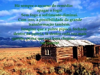 Há sempre o recurso do remédio:  apagar o fogo!            Sem fogo o sofrimento diminui.  Com isso, a possibilidade da grande transformação também.            Imagino que a pobre pipoca, fechada dentro da panela, lá dentro cada vez mais quente, pensa que sua hora chegou :  vai morrer. 