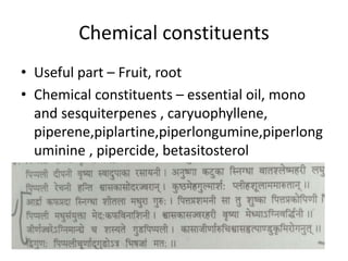 Chemical constituents
• Useful part – Fruit, root
• Chemical constituents – essential oil, mono
and sesquiterpenes , caryuophyllene,
piperene,piplartine,piperlongumine,piperlong
uminine , pipercide, betasitosterol
 