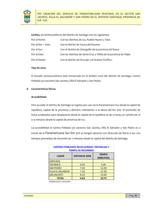 PIP: CREACIÓN DEL SERVICIO DE TRANSITABILIDAD PEATONAL EN EL SECTOR SAN
JACINTO, VILLA EL SALVADOR Y SAN PEDRO EN EL DISTRITO SANTIAGO, PROVINCIA DE
ICA - ICA.
Consultor: Pág. 35
Límites, los límites políticos del distrito de Santiago son los siguientes:
Por el Norte: Con los distritos de Ica, Pueblo Nuevo y Tate.
Por el Nor – Este: Con el distrito de Yauca del Rosario.
Por el Sur: Con el distrito de Changuillo de la provincia de Nasca
Por el Este: Con los distritos de Santa Cruz y Tibillo de la provincia de Palpa
Por el Oeste: Con el distrito de Ocucaje y el Océano Pacífico.
Tipo de zona.
El estudio socioeconómico está enmarcado en el ámbito rural del distrito de Santiago, Centro
Poblado y/o sectores San Jacinto, Villa El Salvador y San Pedro.
d. Características físicas.
Accesibilidad.
Para acceder al distrito de Santiago se ingresa por una vía la Panamericana Sur desde la capital de
república, capital de la provincia y distritos colindantes a la altura del km 306. El promedio de
horas empleados para desplazarse desde la capital de la república es de 5 horas, en cambio de 10
a 15 minutos desde la capital de provincia de Ica.
La accesibilidad al Centro Poblado y/o sectores San Jacinto, Villa El Salvador y San Pedro es a
través de la Panamericana Sur Km 312 al margen derecho con dirección de Norte a Sur con
tiempos promedios de recorrido de 11 minutos desde la capital del distrito de Santiago.
LUGAR DISTANCIA (KM)
TIEMPO
(MINUTOS)
SANTIAGO - -
TACARACA 4.50 5.00
SAN PEDRO 7.50 12.00
VILLA EL SALVADOR 7.10 12.00
SAN JACINTO 8.20 14.00
TOTAL 6.83 10.75
Elaboración: Consultor
CENTROS POBLADOS INVOLUCRADO: DISTANCIAS Y
TIEMPO DE RECORRIDO
 