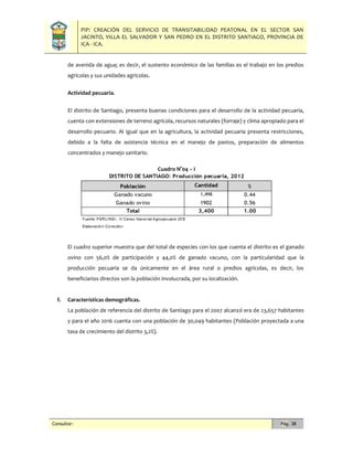 PIP: CREACIÓN DEL SERVICIO DE TRANSITABILIDAD PEATONAL EN EL SECTOR SAN
JACINTO, VILLA EL SALVADOR Y SAN PEDRO EN EL DISTRITO SANTIAGO, PROVINCIA DE
ICA - ICA.
Consultor: Pág. 38
de avenida de agua; es decir, el sustento económico de las familias es el trabajo en los predios
agrícolas y sus unidades agrícolas.
Actividad pecuaria.
El distrito de Santiago, presenta buenas condiciones para el desarrollo de la actividad pecuaria,
cuenta con extensiones de terreno agrícola, recursos naturales (forraje) y clima apropiado para el
desarrollo pecuario. Al igual que en la agricultura, la actividad pecuaria presenta restricciones,
debido a la falta de asistencia técnica en el manejo de pastos, preparación de alimentos
concentrados y manejo sanitario.
Cuadro N°04 – I
El cuadro superior muestra que del total de especies con los que cuenta el distrito es el ganado
ovino con 56,0% de participación y 44,0% de ganado vacuno, con la particularidad que la
producción pecuaria se da únicamente en el área rural o predios agrícolas, es decir, los
beneficiarios directos son la población involucrada, por su localización.
f. Características demográficas.
La población de referencia del distrito de Santiago para el 2007 alcanzó era de 23,657 habitantes
y para el año 2016 cuenta con una población de 30,049 habitantes (Población proyectada a una
tasa de crecimiento del distrito 3,2%).
 