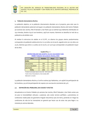 PIP: CREACIÓN DEL SERVICIO DE TRANSITABILIDAD PEATONAL EN EL SECTOR SAN
JACINTO, VILLA EL SALVADOR Y SAN PEDRO EN EL DISTRITO SANTIAGO, PROVINCIA DE
ICA - ICA.
Consultor: Pág. 62
3. Población demandante efectiva.
La población objetivo, es la población directamente afectada con el proyecto, para este caso la
población demandante potencial será igual a la población demandante efectiva del Centro Poblado
y/o sectores San Jacinto, Villa El Salvador y San Pedro que se estiman 954 habitantes distribuidos en
159 viviendas, donde el 50.2% son hombres y 49.8 son mueres. Asimismo se identificó al 100% de su
población es de ámbito rural.
Al analizar la estructura de edades en el CC.PP., se observa los grupos etarios predominantes
corresponde a la población adulta entre los 10 a 30 años con el 40.0%, seguido entre 30 a 50 años con
25.0%, mientras que entre 0 a 9 años con el 20.0% y un 15.0% que corresponden a la población mayor
de 60 años.
Cuadro N°23 – I
La población demandante efectiva, al 2018 se estima 954 habitantes, con 49,80% de participación de
los hombres y 50,20% de participación de mujeres con una tasa de crecimiento de 3,2%.
3.2. DEFINICIÓN DEL PROBLEMA, SUS CAUSAS Y EFECTOS
Actualmente en el Centro Poblado y/o sectores San Jacinto, Villa El Salvador y San Pedro existe una
vía para la transitabilidad vehicular y peatonal, solo existe terreno perfilado y polvorientas en
condiciones inadecuadas de geometría irregular discontinuo piso de tierra, poniendo en riesgo las
condiciones de vida de los transeúntes en general que hacen uso de estas vías para llegar a su
vivienda y/o centros laborales.
Área Hombre Mujer Total
RURAL
SAN JACINTO 166 164 330
VILLA EL SALVADOR 181 179 360
SAN PEDRO 132 132 264
TOTAL 479 475 954
Población estimadaen base al censo INEI - 2007 al año 2018.
Fuente: Censo XI de población y VI de vivienda, 2007.
Elaboración: consultor.
CENTRO POBLADO SAN JACINTO, VILLA EL SALVADOR Y SAN
PEDRO: Población demandante efectiva, 2018
 