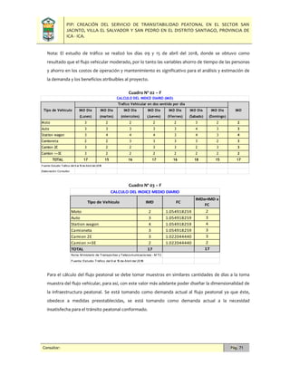 PIP: CREACIÓN DEL SERVICIO DE TRANSITABILIDAD PEATONAL EN EL SECTOR SAN
JACINTO, VILLA EL SALVADOR Y SAN PEDRO EN EL DISTRITO SANTIAGO, PROVINCIA DE
ICA - ICA.
Consultor: Pág. 71
Nota: El estudio de tráfico se realizó los días 09 y 15 de abril del 2018, donde se obtuvo como
resultado que el flujo vehicular moderado, por lo tanto las variables ahorro de tiempo de las personas
y ahorro en los costos de operación y mantenimiento es significativo para el análisis y estimación de
la demanda y los beneficios atribuibles al proyecto.
Cuadro Nº 02 – F
Cuadro Nº 03 – F
Para el cálculo del flujo peatonal se debe tomar muestras en similares cantidades de días a la toma
muestra del flujo vehicular, para así, con este valor más adelante poder diseñar la dimensionalidad de
la infraestructura peatonal. Se está tomando como demanda actual al flujo peatonal ya que éste,
obedece a medidas preestablecidas, se está tomando como demanda actual a la necesidad
insatisfecha para el tránsito peatonal conformado.
IMD Dia
(Lunes)
IMD Dia
(martes)
IMD Dia
(miercoles)
IMD Dia
(Jueves)
IMD Dia
(Viernes)
IMD Dia
(Sabado)
IMD Dia
(Domingo)
Moto 3 2 2 2 2 3 2 2
Auto 3 3 3 3 3 4 3 3
Station wagon 3 4 4 4 3 4 3 4
Camioneta 2 2 3 3 3 3 2 3
Camion 2E 3 2 2 3 3 2 3 3
Camion >=3E 3 2 2 2 2 2 2 2
TOTAL 17 15 16 17 16 18 15 17
Fuente: Estudio Tráfico del 9 al 15 de Abril del 2018
Elaboración: Consultor
IMDTipo de Vehiculo
CALCULO DEL INDICE DIARIO (IMD)
Trafico Vehicular en dos sentido por dia
Moto 2 1.054918259 2
Auto 3 1.054918259 3
Station wagon 4 1.054918259 4
Camioneta 3 1.054918259 3
Camion 2E 3 1.022044440 3
Camion >=3E 2 1.022044440 2
TOTAL 17 17
Nota: M inisterio de Transportes y Telecomunicaciones - M TC
Fuente: Estudio Tráfico del 9 al 15 de Abril del 2018
Tipo de Vehiculo IMD FC
IMDa=IMD x
FC
CALCULO DEL INDICE MEDIO DIARIO
 
