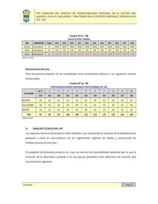 PIP: CREACIÓN DEL SERVICIO DE TRANSITABILIDAD PEATONAL EN EL SECTOR SAN
JACINTO, VILLA EL SALVADOR Y SAN PEDRO EN EL DISTRITO SANTIAGO, PROVINCIA DE
ICA - ICA.
Consultor: Pág. 7
Cuadro N°02 – RE
Beneficiarios directos
Para el presente proyecto se ha considerado como beneficiarios directos a los siguientes actores
involucrados.
Cuadro N° 03 - RE
D. ANÁLISIS TÉCNICO DEL PIP.
Los aspectos técnicos del proyecto están referidos a las características técnicas de la infraestructura
peatonal y están en concordancia con los reglamentos vigentes de diseño y construcción de
infraestructuras de este tipo.
El propósito del presente proyecto es crear los servicio de transitabilidad peatonal; por lo que la
inversión de la alternativa, asciende a S/. 422,249.54 planteada como alternativa de solución que
recomienda lo siguiente.
ITEM COMPONENTES Unidad 2018 2019 2020 2021 2022 2023 2024 2025 2026 2027 2028
Demanda Puentepeatonal m2 100.00 100.00 100.00 100.00 100.00 100.00 100.00 100.00 100.00 100.00 100.00
Oferta Puentepeatonal m2 0.00 0.00 0.00 0.00 0.00 0.00 0.00 0.00 0.00 0.00 0.00
Brecha Puentepeatonal m2 -100.00 -100.00 -100.00 -100.00 -100.00 -100.00 -100.00 -100.00 -100.00 -100.00 -100.00
Elaboración:Consultor
BALANCEDEOFERTA - DEMANDA
Año"0" 1 2 3 4 5 6 7 8 9 10
2018 2019 2020 2021 2022 2023 2024 2025 2026 2027 2028
SANJACINTO 330 341 352 363 375 387 399 412 425 439 453
VILLAELSALVADOR 360 372 384 396 409 422 436 450 464 479 494
SANPEDRO 264 272 281 290 299 309 319 329 340 351 362
TOTAL 954 985 1,017 1,049 1,083 1,118 1,154 1,191 1,229 1,269 1,309
Elaboración:Consultor.
CentroPoblado
CENTROPOBLADOSINVOLUCRADOS: BENEFICIARIOSDEL PROYECTO(PERSONAS),2018 -2028
 