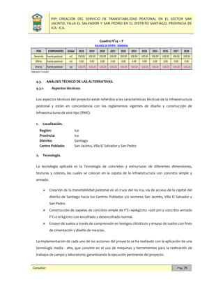 PIP: CREACIÓN DEL SERVICIO DE TRANSITABILIDAD PEATONAL EN EL SECTOR SAN
JACINTO, VILLA EL SALVADOR Y SAN PEDRO EN EL DISTRITO SANTIAGO, PROVINCIA DE
ICA - ICA.
Consultor: Pág. 79
Cuadro N°14 – F
4.3. ANÁLISIS TÉCNICO DE LAS ALTERNATIVAS.
4.3.1. Aspectos técnicos:
Los aspectos técnicos del proyecto están referidos a las características técnicas de la infraestructura
peatonal y están en concordancia con los reglamentos vigentes de diseño y construcción de
infraestructuras de este tipo (RNE).
1. Localización.
Región: Ica
Provincia: Ica
Distrito: Santiago
Centro Poblado: San Jacinto, Villa El Salvador y San Pedro
2. Tecnología.
La tecnología aplicada es la Tecnología de concretos y estructuras de diferentes dimensiones,
texturas y colores, las cuales se colocan en la zapata de la infraestructura con concreto simple y
armado.
 Creación de la transitabilidad peatonal en el cruce del rio Ica, vía de acceso de la capital del
distrito de Santiago hacia los Centros Poblados y/o sectores San Jacinto, Villa El Salvador y
San Pedro.
 Construcción de zapatas de concreto simple de F'C=140kg/cm2 +30% pm y concreto armado
F'C=210 kg/cm2 con encofrado y desencofrado normal.
 Ensayo de suelos a través de comprensión en testigos cilíndricos y ensayo de suelos con fines
de cimentación y diseño de mezclas.
La implementación de cada uno de los acciones del proyecto se ha realizado con la aplicación de una
tecnología media - alta, que consiste en el uso de máquinas y herramientas para la realización de
trabajos de campo y laboratorio; garantizando la ejecución pertinente del proyecto.
ITEM COMPONENTES Unidad 2018 2019 2020 2021 2022 2023 2024 2025 2026 2027 2028
Demanda Puentepeatonal m2 100.00 100.00 100.00 100.00 100.00 100.00 100.00 100.00 100.00 100.00 100.00
Oferta Puentepeatonal m2 0.00 0.00 0.00 0.00 0.00 0.00 0.00 0.00 0.00 0.00 0.00
Brecha Puentepeatonal m2 -100.00 -100.00 -100.00 -100.00 -100.00 -100.00 -100.00 -100.00 -100.00 -100.00 -100.00
Elaboración:Consultor
BALANCEDEOFERTA - DEMANDA
 