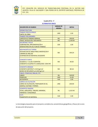 PIP: CREACIÓN DEL SERVICIO DE TRANSITABILIDAD PEATONAL EN EL SECTOR SAN
JACINTO, VILLA EL SALVADOR Y SAN PEDRO EN EL DISTRITO SANTIAGO, PROVINCIA DE
ICA - ICA.
Consultor: Pág. 84
Cuadro N°16 – F
La tecnología propuesta para el proyecto considera las características geográficas y físicas de la zona
de ejecución del proyecto.
DESCRIPCIÓN DE RUBROS
UNIDAD DE
MEDIDA
METAS
INFRAESTRUCTURA
TRABAJO PROVISIONALES
CARTEL DE OBRA
UND 1.00
TRABAJO PRELIMINARES
LIMPIEZA DE TERRENO MANUAL M2 200.00
TRAZO, NIVELACIÓN Y REPLANTEO M2 1,100.00
SEGURIDAD Y SALUD
ELABORACIÓN, IMPLEMENTACIÓN Y
ADMINISTRACIÓN DEL PLAN DE TRABAJO
GLB 1.00
MOVIMIENTO DE TIERRAS
EXCAVACION DE SANJA PARA CIMENTACION Y
CAMARA DE ANCLAJE
ELIMINACIÓN DE MATERIAL EXCEDENTE
M3 344.24
CONCRETO SIMPLE
SOLADOS e = 15 CM. P/ZAPATAS
CONCRETO CICLOPEO FC=140KG/CM2 +30% PM
M3 40.60
CONCRETO ARMADO
CONCRETO ZAPATAS f'c=210 kg/cm2
ACERO DE REFUERZO fy=4,200 kg/cm2
M3 80.18
CABLES, PENDOLAS, MALLAS, ETC.
CABLES ML 160.00
PENDOLAS UND 32.00
ACCESORIOS GLB 1.00
CARROS DE DILATACIÓN
CARRO DE DILATACIÓN, TEMPLADOR DE EJE,
GRAPAS, PLATINAS Y PERNOS
UND 260.00
ELEMENTOS MADERA
VIGAS, LARGUEROS, TABLERO, BARANDA,
PARANTES Y DIAGONALES
ML 1,263.40
FLETE
TRANSPORTE DE MATERIAL
GLB 1.00
ALTERNATIVA ÚNICA
 