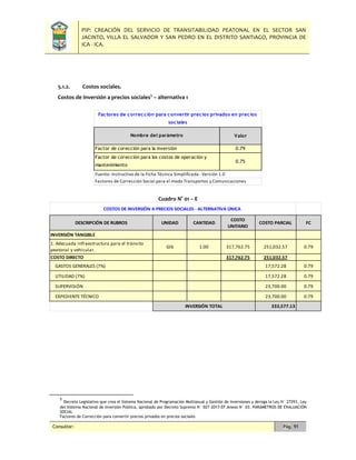 PIP: CREACIÓN DEL SERVICIO DE TRANSITABILIDAD PEATONAL EN EL SECTOR SAN
JACINTO, VILLA EL SALVADOR Y SAN PEDRO EN EL DISTRITO SANTIAGO, PROVINCIA DE
ICA - ICA.
Consultor: Pág. 91
5.1.2. Costos sociales.
Costos de inversión a precios sociales5
– alternativa 1
Cuadro N° 01 – E
5
Decreto Legislativo que crea el Sistema Nacional de Programación Multianual y Gestión de Inversiones y deroga la Ley N° 27293, Ley
del Sistema Nacional de Inversión Pública, aprobado por Decreto Supremo N° 027-2017-EF.Anexo N° 03. PARÁMETROS DE EVALUACIÓN
SOCIAL
Factores de Corrección para convertir precios privados en precios sociales
Valor
0.79
0.75
Fuente: Instructivo de la Ficha Técnica Simplificada -Versión 1.0
Factores de Corrección Social para el modo Transportes y Comunicaciones
Factores de corrección para convertir precios privados en precios
sociales
Nombre del parámetro
Factor de corección para los costos de operación y
mantenimiento
Factor de corección para la inversión
DESCRIPCIÓN DE RUBROS UNIDAD CANTIDAD
COSTO
UNITARIO
COSTO PARCIAL FC
INVERSIÓN TANGIBLE
1. Adecuada infraestructura para el tránsito
peatonal y vehicular.
Glb 1.00 317,762.75 251,032.57 0.79
COSTO DIRECTO 317,762.75 251,032.57
GASTOS GENERALES (7%) 17,572.28 0.79
UTILIDAD (7%) 17,572.28 0.79
SUPERVISIÓN 23,700.00 0.79
EXPEDIENTE TÉCNICO 23,700.00 0.79
333,577.13
COSTOS DE INVERSIÓN A PRECIOS SOCIALES - ALTERNATIVA ÚNICA
INVERSIÓN TOTAL
 