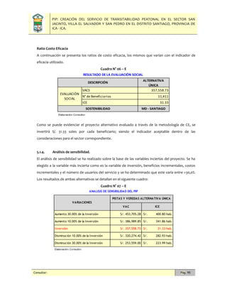 PIP: CREACIÓN DEL SERVICIO DE TRANSITABILIDAD PEATONAL EN EL SECTOR SAN
JACINTO, VILLA EL SALVADOR Y SAN PEDRO EN EL DISTRITO SANTIAGO, PROVINCIA DE
ICA - ICA.
Consultor: Pág. 95
Ratio Costo Eficacia
A continuación se presenta los ratios de costo eficacia, los mismos que varían con el indicador de
eficacia utilizado.
Cuadro N° 06 – E
Como se puede evidenciar el proyecto alternativo evaluado a través de la metodología de CE, se
invertirá S/. 31.33 soles por cada beneficiario; siendo el indicador aceptable dentro de las
consideraciones para el sector correspondiente.
5.1.4. Análisis de sensibilidad.
El análisis de sensibilidad se ha realizado sobre la base de las variables inciertas del proyecto. Se ha
elegido a la variable más incierta como es la variable de inversión, beneficios incrementales, costos
incrementales y el número de usuarios del servicio y se ha determinado que este varía entre +30,0%.
Los resultados de ambas alternativas se detallan en el siguiente cuadro:
Cuadro N° 07 – E
ALTERNATIVA
ÚNICA
357,558.73
11,411
31.33
MD - SANTIAGO
Elaboración: Consultor.
VACS
N° de Beneficiarios
ICE
EVALUACIÓN
SOCIAL
DESCRIPCIÓN
SOSTENIBILIDAD
RESULTADO DE LA EVALUACIÓN SOCIAL
VAC ICE
Aumento 30.00% de la Inversión S/. 453,705.28 400.80 hab.S/.
Aumento 10.00% de la Inversión S/. 386,989.85 341.86 hab.S/.
Inversión S/. 357,558.73 31.33 hab.S/.
Disminución 10.00% de la Inversión S/. 320,274.42 282.93 hab.S/.
Disminución 30.00% de la Inversión S/. 253,559.00 223.99 hab.S/.
Elaboración: Consultor.
VARIACIONES
PISTAS Y VEREDAS ALTERNATIVA ÚNICA
ANALISIS DE SENSIBILIDAD DEL PIP
 