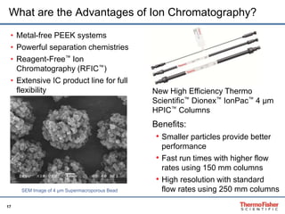 17
SEM Image of 4 µm Supermacroporous Bead
What are the Advantages of Ion Chromatography?
• Metal-free PEEK systems
• Powerful separation chemistries
• Reagent-Free™ Ion
Chromatography (RFIC™)
• Extensive IC product line for full
flexibility
• Smaller particles provide better
performance
• Fast run times with higher flow
rates using 150 mm columns
• High resolution with standard
flow rates using 250 mm columns
New High Efficiency Thermo
Scientific™ Dionex™ IonPac™ 4 µm
HPIC™ Columns
Benefits:
 