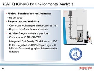 42
iCAP Q ICP-MS for Environmental Analysis
• Minimal bench space requirements
• 66 cm wide
• Easy to use and maintain
• Quick connect sample introduction system
• Pop out interface for easy access
• Intuitive Qtegra software platform
• Common to iCAP ICP-OES
• Integrated Get Ready, Workflows and QC
• Fully integrated IC-ICP-MS package with
full set of chromatographic data evaluation
features
 