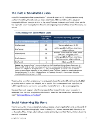 The State of Social Media Users
A late 2012 survey by the Pew Research Center’s Internet & American Life Project shows that young
adults are more likely than others to use major social media. At the same time, other groups are
interested in different sites and services. In the case of Pinterest, Instagram, and Tumblr, these are the
first reportable survey readings by Pew Research allowing comparison of whites, African-Americans, and
Latinos.


     The Landscape of Social Media Users
                                            % of internet
                                                              The service is especially appealing to …
                                            users who….
     Use Any Social Networking Site             67%                  Adults ages 18-29, women
     Use Facebook                                67                  Women, adults ages 18-29
                                                              Adults ages 18-29, African-Americans,
     Use Twitter                                 16
                                                                         urban residents
                                                              Women, adults under 50, whites, those
     Use Pinterest                               15
                                                                  with some college education
                                                              Adults ages 18-29, African-Americans,
     Use Instagram                               13
                                                                Latinos, women, urban residents
     Use Tumblr                                   6                       Adults ages 18-29
     Source: Pew Research Center’s Internet & American Life Project Post-Election Survey, November 14 –
     December 09, 2012. N=1,802 internet users. Interviews were conducted in English and Spanish and on
     landline and cell phones. Margin of error is +/- 2.6 percentage points for results based on internet
     users. Facebook figures are based on Pew Research Center’s Internet & American Life Project Omnibus
     Survey, December 13-16, 2012. Margin of error for Facebook data is +/- 2.9 percentage points for
     results based on internet users (n=860).



These readings come from a national survey conducted between November 14 and December 9, 2012
on landline and cell phones and in English and in Spanish. The results reported here come from the
1,802 respondents who are internet users and the margin of error is +/- 2.6 percentage points.

Figures on Facebook usage are taken from a separate Pew Research Center survey conducted in
December 2012. For more in-depth information about Americans’ Facebook habits, see our recent
report “Coming and Going on Facebook.”



Social Networking Site Users
Internet users under 50 are particularly likely to use a social networking site of any kind, and those 18-29
are the most likely of any demographic cohort to do so (83%). Women are more likely than men to be
on these sites. Those living in urban settings are also significantly more likely than rural internet users to
use social networking.

pewinternet.org                                                                                             2
 