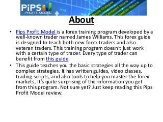 About
• Pips Profit Model is a forex training program developed by a
  well-known trader named James Williams. This forex guide
  is designed to teach both new forex traders and also
  veteran traders. This training program doesn’t just work
  with a certain type of trader. Every type of trader can
  benefit from this guide.
• This guide teaches you the basic strategies all the way up to
  complex strategies. It has written guides, video classes,
  trading scripts, and also tools to help you master the forex
  markets. It’s quite surprising of the information you get
  from this program. Not sure yet? Just keep reading this Pips
  Profit Model review.
 