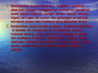 4. Berdasarkan zonasi darat-laut : kegiatan budidaya
     dilakukan dengan menggunakan sumber air berupa air
     tawar seperti mata air, sungai, danau, waduk, saluran
     irigasi, air hujan, air sumur dan genangan air lainnya
     termasuk payau dan budidaya yang dilakukan di laut
5.   Bedasarkan posisi wadah produksi : budidaya dilakukan
      di daratan dn mengambil air di dekatnha, seperti
     kolamair tenang, kolam air deras, budidaya di sawah
     dan budidaya di tambak. Sedangkan budidaya yang
     dilakukan di badan air seperti di sungai, saluran irigasi,
     danau, waduk dan laut, dikenal dengan budidaya
     terbuka.
 