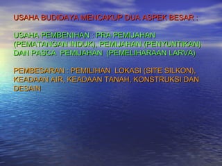 USAHA BUDIDAYA MENCAKUP DUA ASPEK BESAR :

USAHA PEMBENIHAN : PRA PEMIJAHAN
(PEMATANGAN INDUK), PEMIJAHAN (PENYUNTIKAN)
DAN PASCA PEMIJAHAN (PEMELIHARAAN LARVA)

PEMBESARAN : PEMILIHAN LOKASI (SITE SILKON),
KEADAAN AIR, KEADAAN TANAH, KONSTRUKSI DAN
DESAIN
 