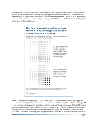 associated with their cell phone were more likely to report sending sexual images of themselves by
text, with 17% of these teens sending sexually suggestive texts compared to just 3% of teens who
did not pay for or only paid for a portion of the cost of their cell phone. Overall, 70% of teens have
a cell phone that someone else, usually a parent, pays for, 19% pay part of the costs and 10% pay all
of the costs of their cell phone.




When it comes to receiving images, 15% of those ages 12-17 have received a sexually suggestive
nude or nearly nude photo or video of someone they know on their cell phone. Older teens ages 14-
17 are more likely than younger teens to report receiving such images or videos: 18% of older teens
have received an image versus 6% of teens ages 12-13 who have received such content. The data
show a steady increase in likelihood of receipt of sexually suggestive images via text by age, with
just 4% of 12-year-olds receiving these images or videos compared to 20% of 16-year-olds and 30%
                                                                                              page 5
 