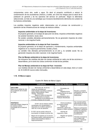 PIP “Mejoramiento y Ampliación de la Gestión Integral de los Residuos Sólidos Municipales en el distrito de Trujillo
y de la Disposición Final en Trujillo Metropolitano”

componentes como aire, suelo y agua. Es decir el proyecto contribuirá a reducir la
contaminación de los ecosistemas urbanos y rurales, así como los riesgos para la salud de la
población en general y de los operarios del servicio en particular. Según la alternativa
seleccionada, se trata de una estrategia que incorpora decididamente elementos de cuidado de
los factores ambientales.
Los posibles impactos negativos están relacionados con el proceso de construcción y
operación de las infraestructuras de manejo de residuos sólidos.
Impactos ambientales en la etapa de Inversiones:
El proyecto generará, en la etapa de ejecución de obras, impactos ambientales negativos
de carácter transitorio, local y leve.
No existen variables afectadas permanentemente. No se generarán impactos de orden
nacional, ni de magnitud fuerte.
Impactos ambientales en la etapa de Post- Inversión:
El proyecto generará, en la etapa de operación y mantenimiento, impactos ambientales
negativos en su mayoría permanentes, locales y leves.
La variable más afectada permanentemente es el aire y, la variable social. No se
generarán impactos de orden nacional, ni de magnitud fuerte.
Plan de Manejo ambiental en la etapa de Inversiones:
Se incluyeron las medidas del plan de manejo ambiental en cada una de las acciones a
desarrollarse, por lo tanto los costos conforman el total de las partidas.
Plan de Manejo ambiental en la etapa de Post - Inversión:
Las medidas del plan de manejo ambiental a desarrollarse en esta etapa, tiene un costo
de: S/.5,000.00 nuevos soles mensuales.

1.19. El Marco Lógico
Cuadro 94. Matriz de Marco Lógico
Fin
FIN ÚLTIMO
Mejora de la calidad de vida
de la población de la ciudad
de Trujillo

Indicadores
o

o
o
PROPÓSITO
o
Adecuada Gestión Integral de
los residuos sólidos
municipales de la ciudad de
Trujillo

Reducción del 3% de los
índices de morbilidad por
enfermedades asociadas a residuos
sólidos (Salmonellosis, Fiebre
Tifoidea, Disentería)
Mejora el índice de desarrollo
humano ejecutando el proyecto
Satisfacción de la población por
el ornato y limpieza de la ciudad
El 98 % de los residuos sólidos
recolectados son transportados y
dispuestos en el relleno sanitario al
cabo de un año de operación

Medios de Verificación
o
o
o

o
o

o

El 100 % de los puntos críticos de
acumulación no existen al primer año.

o

Mejora de los Ingresos por el servicio
o
de limpieza pública, adicionalmente se
obtiene otros beneficios debido al
reaprovechamiento.

o

Encuestas a la
población
Registros de los
establecimientos de salud
Estudio
socioeconómico de la
Población Beneficiada

Informe de jefatura
de limpieza pública
Registro de
volúmenes y pesos que
ingresan al relleno sanitario
Informes de
inspección y fotos.
Registro de ingresos
por el servicio

Supuestos

Elevada y constante
participación activa de
la población e
instituciones

Hay voluntad política
para priorizar el tema
de los residuos sólidos
Mejora la participación
ciudadana y aplicación
exitosa de programas
de capacitación y
sensibilización.
Voluntad municipal de
que el relleno sea
operado y mantenido
eficientemente

141

 
