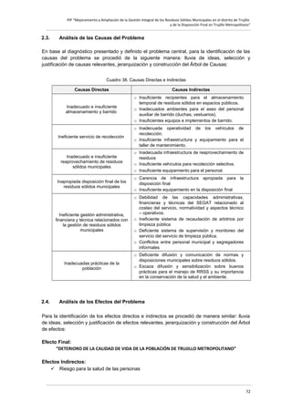 PIP “Mejoramiento y Ampliación de la Gestión Integral de los Residuos Sólidos Municipales en el distrito de Trujillo
y de la Disposición Final en Trujillo Metropolitano”

2.3.

Análisis de las Causas del Problema

En base al diagnóstico presentado y definido el problema central, para la identificación de las
causas del problema se procedió de la siguiente manera: lluvia de ideas, selección y
justificación de causas relevantes, jerarquización y construcción del Árbol de Causas:
Cuadro 38. Causas Directas e Indirectas
Causas Directas

Causas Indirectas

Inadecuado e insuficiente
almacenamiento y barrido

Ineficiente servicio de recolección

o Inadecuada operatividad de los vehículos de
recolección.
o Insuficiente infraestructura y equipamiento para el
taller de mantenimiento.

Inadecuado e insuficiente
reaprovechamiento de residuos
sólidos municipales

o Inadecuada infraestructura de reaprovechamiento de
residuos
o Insuficiente vehículos para recolección selectiva.
o Insuficiente equipamiento para el personal.

Inapropiada disposición final de los
residuos sólidos municipales

o Carencia de infraestructura apropiada para la
disposición final
o Insuficiente equipamiento en la disposición final

Ineficiente gestión administrativa,
financiera y técnica relacionados con
la gestión de residuos sólidos
municipales

o Debilidad de las capacidades administrativas,
financieras y técnicas del SEGAT relacionado al
costeo del servicio, normatividad y aspectos técnico
– operativos.
o Ineficiente sistema de recaudación de arbitrios por
limpieza pública
o Deficiente sistema de supervisión y monitoreo del
servicio del servicio de limpieza pública.
o Conflictos entre personal municipal y segregadores
informales

Inadecuadas prácticas de la
población

2.4.

o Insuficiente recipientes para el almacenamiento
temporal de residuos sólidos en espacios públicos.
o Inadecuados ambientes para el aseo del personal
auxiliar de barrido (duchas, vestuarios).
o Insuficientes equipos e implementos de barrido.

o Deficiente difusión y comunicación de normas y
disposiciones municipales sobre residuos sólidos.
o Escaza difusión y sensibilización sobre buenos
prácticas para el manejo de RRSS y su importancia
en la conservación de la salud y el ambiente.

Análisis de los Efectos del Problema

Para la identificación de los efectos directos e indirectos se procedió de manera similar: lluvia
de ideas, selección y justificación de efectos relevantes, jerarquización y construcción del Árbol
de efectos:
Efecto Final:
“DETERIORO DE LA CALIDAD DE VIDA DE LA POBLACIÓN DE TRUJILLO METROPOLITANO”
Efectos Indirectos:
 Riesgo para la salud de las personas

72

 