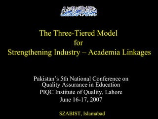 SZABIST, Islamabad Pakistan’s 5th National Conference on Quality Assurance in Education PIQC Institute of Quality, Lahore June 16-17, 2007 The Three-Tiered Model  for  Strengthening Industry – Academia Linkages 