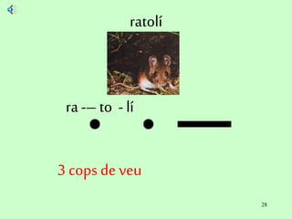 28
ratolí
ra -– to - lí
3 cops de veu
 