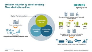 © Siemens AG 2017
November 14, 2017Page 4 Transforming Today's Cities into Low-carbon Settlements
Emission reduction by sector-coupling –
Clean electricity as driver
Fossil
energy
Digital Transformation
Energy sources for process, space heating &
cooling: Fossil
E-heatingCHPPower
2 Heat
Heat-
pump
Renewable
Power
Conventional
mobility
Sustainable
mobility
Thermal
energy
Sustainable
thermal
Energy sources for conventional mobility:
Diesel fuel, heavy crude, kerosene
Hybrid / electrical drives: E-Bus, e-car, shore power
Fossil power generation
Renewables,
highly efficient combined-cycle power plants
 