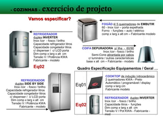 - COZINHAS - exercício de projeto
Vamos especificar?Vamos especificar?
PIA p/ bancada de cozinha –
Inox /material - fosco /altro brilho
Dupla cuba (X x Y x Z cm) - válvula diâm “ ”
comp x larg x alt cm – Fabricante - modelo
CUBA p/ bancada de cozinha – s/ solda
Inox /material - fosco /altro brilho
Dupla/ Simples - válvula diâm “ ”
comp x larg x alt cm – Fabricante modelo
BANCADA p/ pia de cozinha – Corian* Branco
/material - (fosco /altro brilho) Dupla cuba
(X x Y x Z cm) - válvula diâm “ ”
comp x larg x alt cm - Frontispíco X x Y cm
Saia X x Y cm
MISTURADOR de parede p/ coz
Cromado - Monocomando
(c/ arejador, c/ filtro) - comp bica x alt
cm Fabricante modeloM01
Quadro Especificação Metais / Geral …
M02
CUBA p/ bancada de cozinha –
s/ solda - Inox /material -
fosco /altro brilho - Dupla/ Simples
válvula diâm “ ” - comp x larg x alt cm
Fabricante modelo
M02
 