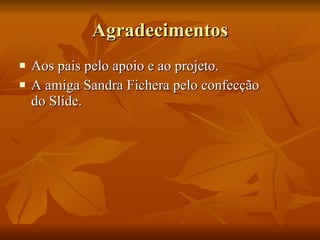Agradecimentos Aos pais pelo apoio e ao projeto. A amiga Sandra Fichera pelo confecção do Slide. 