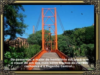 Da passarela, a maior do hemisfério sul, você tem o visual de um dos mais belos trechos do rio: sua cachoeira e o Engenho Central... 