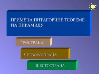 ПРИМЕНА ПИТАГОРИНЕ ТЕОРЕМЕ НА ПИРАМИДУ ТРОСТРАНА ЧЕТВОРОСТРАНА ШЕСТОСТРАНА 