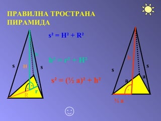ПРАВИЛНА ТРОСТРАНА ПИРАМИДА H s s R ∙ s²   =   H²   +   R² ∙ r h h²   =   r²   +   H²   s s a a h ½ a ∙ s²   =   (½   a)²   +   h² ☺ 