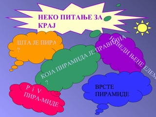 НЕКО ПИТАЊЕ ЗА КРАЈ ШТА ЈЕ ПИРАМИДА ? НАВЕДИ ЊЕНЕ ЕЛЕМЕНТЕ КОЈА ПИРАМИДА ЈЕ ПРАВИЛНА  ? ВРСТЕ ПИРАМИДЕ P  i  V  ПИРА-МИДЕ   