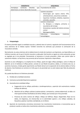 CONGÉNITAS ADQUIRIDAS
Hemiplejias cerebrales infantiles que
determinan un menor desarrollo muscular
Traumatismos de cráneo
Lesiones vasculares:
- Hemorragias por ruptura arteria: HTA,
arterioesclerosis, aneurismas cerebrales
- Isquemias: trombosis, embolias, espasmos
arteriales, vasculitis.
Lesiones compresivas:
- Tu. Benignos o malignos, primarios o
secundarios del neroeje
- Granulomas o quistes del sistema nervioso
central
- Meningoencefalitis.
Infecciosas, inmunológicas, trastornos
hematológicos
1. Fisiopatología:
El sistema piramidal regula la motilidad muscular y además tiene el control y regulación del funcionamiento de las
astas anteriores de la médula espinal. También transmite los estímulos que provocan la contracción de la
musculatura estriada.
Normalmente, las astas anteriores de la médula tienen la misión de mantener una hipertonía, una hiperreflexia y un
trofismo muscular, por lo que la función muscular es adecuada. Esta función se regula con cierta autonomía, ya que
es regulada por la vía piramidal. Precisamente al lesionarse el circuito piramidal y faltar este control sobre la
autonomía medular, no hay freno y hay aumento de las funciones: hipertonía e Hiperreflexia.
Aumenta la zona reflexógena y la amplitud de los reflejos, aparte de algún reflejo patológico, como el reflejo de
Babinski: así en el individuo el reflejo plantar, consiste en una flexión de planta y dedos, si se lesiona esta vía, se
aumenta el proceso, el dedo gordo experimenta una flexión dorsal con la separación de los demás dedos en forma
de abanico. Este fenómeno es normal en el niño pues la vía piramidal aún no está madura (por falta de protección
mielínica).
Asi, puede describirse en el Síndrome piramidal:
1. Perdida de la motilidad voluntaria
2. Contractura piramidal (hipertonía espástica):
3. Anomalías de la motilidad refleja:
a. Exageración de los reflejos profundos o tendinoperiosticos y aparición del automatismo medular
(reflejos de defensa)
b. Abolición de los reflejos cutáneos (cutáneo-plantar, cremasterico, cutáneo-abdominal): se debe a la
interrupción de fibras facilitadoras de dichos reflejos, que transitan por el has piramidal.
c. Presencia de cierto número de reflejos: reflejos de Hoffman, Mayer, Klippel-Weil, flexor de los
dedos, de Grigorescu, de Jimenez-Diaz en la extremidad superior y los reflejos cuboideo, de
Rossolimo y plantar invertido o de Babinski, en el inferior.
4. Aparición de movimientos sincineticos (sincinesis): Son movimientos involuntarios e inconscientes que se
producen cuando se realiza otros movimientos voluntarios y conscientes.
 
