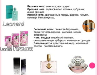 Верхняя нота : ангелика, настурция  Средняя нота : водяной ирис, жасмин, чубушник, дикая орхидея Нижняя нота : драгоценные породы дерева, пачули, ветивер, белый мускус. Leonard Leonara L’ORCHIDEE Головные ноты : свежесть бергамота, бархатистость персика, кислинка черной смородины Ноты сердца : индийский жасмин, околдовывающая тубероза, магическая орхидея Базовые ноты : девственный кедр, жеманный сантал,  лакомая ваниль  