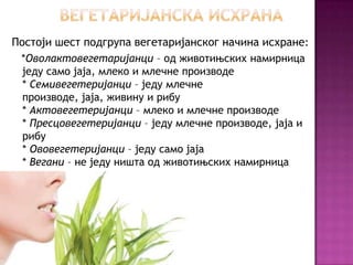 Постоји шест подгрупа вегетаријанског начина исхране:
 *Оволактовегетаријанци – од животињских намирница
  једу само јаја, млеко и млечне производе
  * Семивегетеријанци – једу млечне
  производе, јаја, живину и рибу
  * Актовегетеријанци – млеко и млечне производе
  * Пресцовегетеријанци – једу млечне производе, јаја и
  рибу
  * Ововегетеријанци – једу само јаја
  * Вегани – не једу ништа од животињских намирница
 