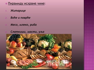  Пирамиду   исхране чине:

1.   Житарице

2.   Воће и поврће

3.   Месо, млеко, риба

4.   Слаткиши, масти, уља
 