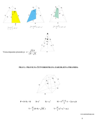 a1                                                                a1
           a1            a1                                                   a1                                                             a1
                                                                                                                                   ru1
                                                                 ro 1 1
                                                                    a
                        -a                                                                                                h
                         2                              h                                                                                H
                    H                                              HH                                           s
  s                                         s                                      a                                                              a
                              a s                   a                                                                a
      a         h
                                                                                                                              ru
                                                            ro
                                                                    a                                                               a
                         -a
                          2
                                                    ( a − a1 ) 3                                                         ( a − a1 ) 3 2
          ⎛ a − a1 ⎞
                    2
                       2 2                      (                         )2 + H 2 = s 2                             (               ) + H 2 = h2
          ⎜        ⎟ +h=s                                   3                                                                  6
          ⎝ 2 ⎠




                                                                                                        x
                                                                                                   a        a
                                                                                                       a
                                                                                               h
                                                                                                       H
                                                                                       s                        a s
                                                                                           a


                                                     B1 H
Visina dopunske piramide je: x=                                                                        a
                                                B − B1




                                PRAVA PRAVILNA ČETVOROSTRANA ZARUBLJENA PIRAMIDA




                                                                                                                    a1               s
                                                                                                       a1
                                                                                                                          h
                                                                                                        H
                                                                               s
                                                                                                                                   a


                                                                                               a


                                                                                                                                              a + a1
                                    P = B+B1+ M                       B=a2                         B1= a12                         M=4               h = 2(a+a1)h
                                                                                                                                                2

                                                        H                                                                          H 2 2
                                            V=            (B+B1+ BB1 )                                                   V=          (a +a1 + aa1)
                                                        3                                                                          3
                                                                                                                                                                    www.matematiranje.com


                                                                                                                                                                     6
 