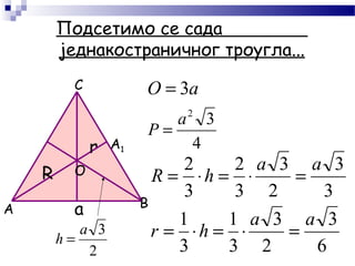 Подсетимо се сада
једнакостраничног троугла...
R
a
aO 3=
4
32
a
P =
r
A B
C
О
A1
6
3
2
3
3
1
3
1
3
3
2
3
3
2
3
2
aa
hr
аа
hR
=⋅=⋅=
=⋅=⋅=
2
3a
h =
 