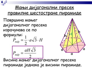 Мањи дијагонални пресек
правилне шестостране пирамиде
2
3
3
2
1
аH
P
HaP
mdp
mdp
=
⋅⋅=
Површина мањег
дијагоналног пресека
израчунава се по
формули:
Висина мањег дијагоналног пресека
пирамиде једнака је висини пирамиде.
 