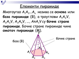 Елементи пирамиде
A1
A2 A3
A4
A5
V
Многоугао A1A2...An назива се основа или
база пирамиде (B), а троуглови A1A2V,
A2A3V, A3A4V, ..., AnA1V су бочне стране
пирамиде. Бочне стране пирамиде чине
омотач пирамиде (М).
база (B)
бочне стране
 