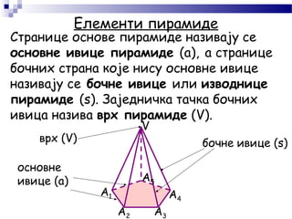 Елементи пирамиде
A1
A2 A3
A4
A5
V
Странице основе пирамиде називају се
основне ивице пирамиде (а), а странице
бочних страна које нису основне ивице
називају се бочне ивице или изводнице
пирамиде (s). Заједничка тачка бочних
ивица назива врх пирамиде (V).
основне
ивице (а)
бочне ивице (s)врх (V)
 