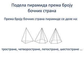 Ппдела пирамида према брпју
бпчних страна
Према брпју бпчних страна пирамиде се деле на:

трпстране, четвпрпстране, петпстране, шестпстране ...

 