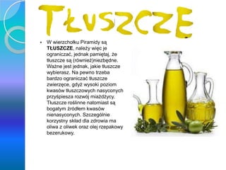 Tłuszcze
 W wierzchołku Piramidy są
TŁUSZCZE, należy więc je
ograniczać, jednak pamiętaj, że
tłuszcze są (również)niezbędne.
Ważne jest jednak, jakie tłuszcze
wybierasz. Na pewno trzeba
bardzo ograniczać tłuszcze
zwierzęce, gdyż wysoki poziom
kwasów tłuszczowych nasyconych
przyśpiesza rozwój miażdżycy.
Tłuszcze roślinne natomiast są
bogatym źródłem kwasów
nienasyconych. Szczególnie
korzystny skład dla zdrowia ma
oliwa z oliwek oraz olej rzepakowy
bezerukowy.
 