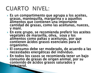 Es un compartimento que agrupa a los aceites, grasas, mantequilla, margarina y a aquellos alimentos que contienen una importante cantidad de grasas, como las aceitunas, nueces, y maní. En este grupo, se recomienda preferir los aceites vegetales de maravilla, oliva, soya y los alimentos como paltas y aceitunas, por que contienen ácidos grasos esenciales para el organismo. El consumo debe ser moderado, de acuerdo a las necesidades energéticas del individuo. En todos los casos se recomienda tener un bajo consumo de grasas de origen animal, por su contenido de ácidos grasos saturados y colesterol.CUARTO  NIVEL: