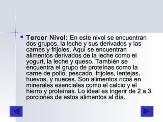  Tercer Nivel:Tercer Nivel: En este nivel se encuentranEn este nivel se encuentran
dos grupos, la leche y sus derivados y lasdos grupos, la leche y sus derivados y las
carnes y frijoles. Aquí se encuentrancarnes y frijoles. Aquí se encuentran
alimentos derivados de la leche como elalimentos derivados de la leche como el
yogurt, la leche y queso. También seyogurt, la leche y queso. También se
encuentra el grupo de proteínas como laencuentra el grupo de proteínas como la
carne de pollo, pescado, frijoles, lentejas,carne de pollo, pescado, frijoles, lentejas,
huevos, y nueces. Son alimentos ricos enhuevos, y nueces. Son alimentos ricos en
minerales esenciales como el calcio y elminerales esenciales como el calcio y el
hierro y proteínas. Lo ideal es ingerir de 2 a 3hierro y proteínas. Lo ideal es ingerir de 2 a 3
porciones de estos alimentos al día.porciones de estos alimentos al día.
 