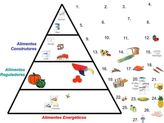4.
                                          1.                    2.               3.

                                 Açúcar                                               7.
                                                               6.                                     8.
                                               5.
                               Óleo


                                                    9.          10.              11.                 12.
      Alimentos       Queijo

    Construtores
                                                         13.                14.                      15.
                                                                                                            Manteiga
                   Leite


                                                                                                      18.
  Alimentos                                                    16.                    17.
Reguladores
                                                                     19.                    20.             21.
                                                                                           Ervilha
                                                                                             Soja
                                                                                            Feijão



                                                                           22.             23.              24.
                            Arroz
                           Farinha                                               25.
                                                                                                     26.
                   Alimentos Energéticos
                                                                                            27.
 