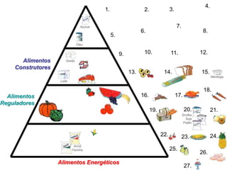 4.
                                          1.                    2.               3.

                                 Açúcar                                               7.
                                                               6.                                     8.
                                               5.
                               Óleo


                                                    9.          10.              11.                 12.
      Alimentos       Queijo

    Construtores
                                                         13.                14.                      15.
                                                                                                            Manteiga
                   Leite


                                                                                                      18.
  Alimentos                                                    16.                    17.
Reguladores
                                                                     19.                    20.             21.
                                                                                           Ervilha
                                                                                             Soja
                                                                                            Feijão



                                                                           22.             23.              24.
                            Arroz
                           Farinha                                               25.
                                                                                                     26.
                   Alimentos Energéticos
                                                                                            27.
 