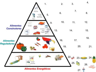 4.
                                                     1.                    2.               3.

                                 Açúcar                                                          7.
                                                                          6.                                  8.
                                                          5.
                                      Manteiga
                               Óleo


                                                               9.          10.              11.              12.
      Alimentos       Queijo

    Construtores                           Ervilha
                                             Soja                   13.                14.                   15.
                                            Feijão
                   Leite


                                                                                                              18.
  Alimentos                                                               16.                    17.
Reguladores
                                                                                19.                    20.          21.



                                                                                      22.             23.           24.
                            Arroz
                           Farinha                                                          25.
                                                                                                             26.
                   Alimentos Energéticos
                                                                                                       27.
 