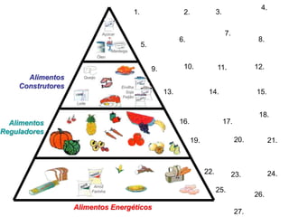 4.
                                                     1.                    2.               3.

                                 Açúcar                                                          7.
                                                                          6.                                  8.
                                                          5.
                                      Manteiga
                               Óleo


                                                               9.          10.              11.              12.
      Alimentos       Queijo

    Construtores                           Ervilha
                                             Soja                   13.                14.                   15.
                                            Feijão
                   Leite


                                                                                                              18.
  Alimentos                                                               16.                    17.
Reguladores
                                                                                19.                    20.          21.



                                                                                      22.             23.           24.
                            Arroz
                           Farinha                                                          25.
                                                                                                             26.
                   Alimentos Energéticos
                                                                                                       27.
 
